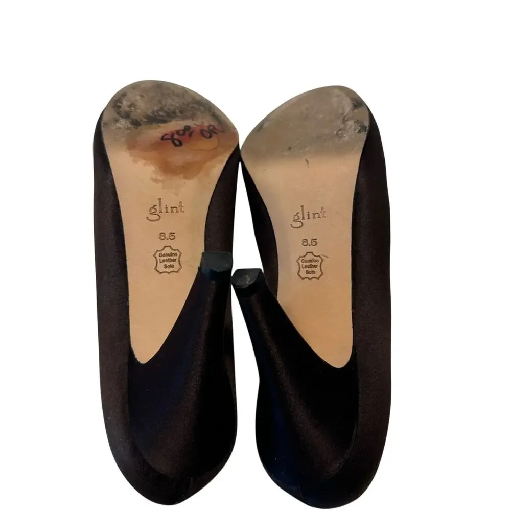 Chocolate Brown Satin Glint Designer Peep Toe Heel Womens 8.5 Leather Sole Party